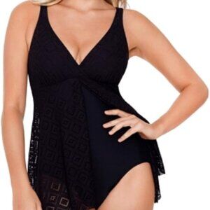 Swim Solutions Crochet Flyaway Tummy-Control Swimdress Swimsuit  Black 8 NWT